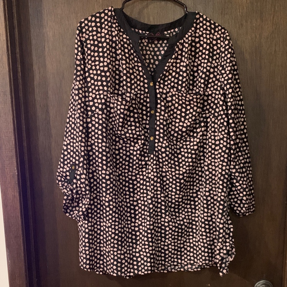 *4/$20* Silky Polka Dot Blouse - Black and Pink 3X